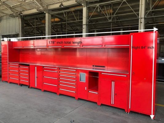 Armário de garagem de aço laminado a frio com superfície de trabalho inoxidável e acabamento de prata