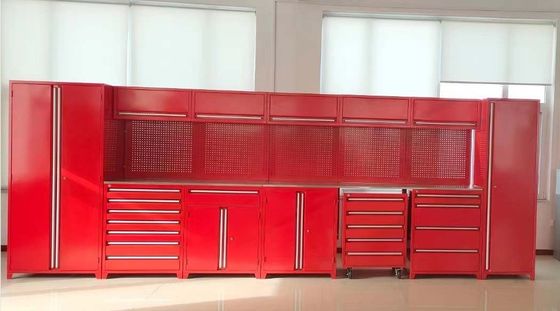 Armário de garagem de aço laminado a frio com superfície de trabalho inoxidável e acabamento de prata