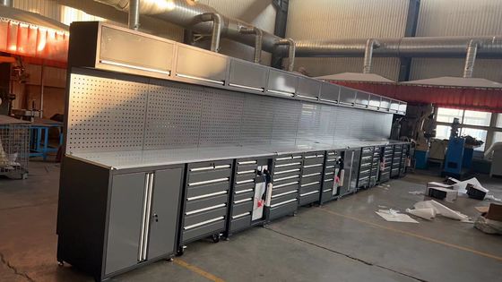 Armário de garagem de aço laminado a frio com superfície de trabalho inoxidável e acabamento de prata