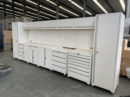 Armário de garagem de aço laminado a frio com superfície de trabalho inoxidável e acabamento de prata